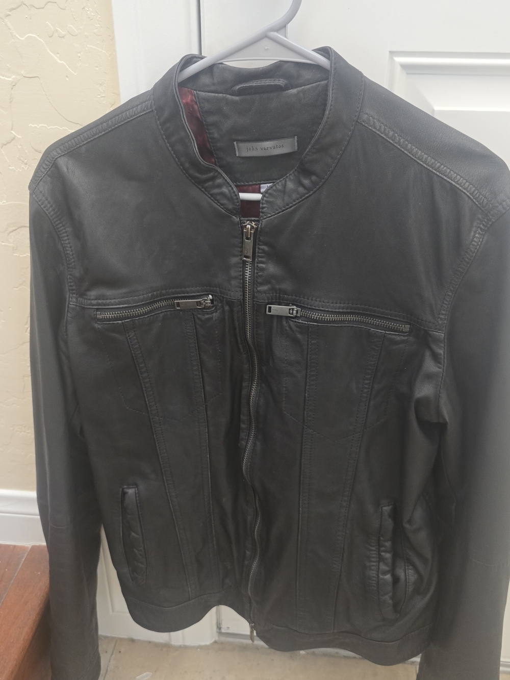 John Varvatos Brando Band Collar Moto Jacket. Black Leather Bomber Jacket
